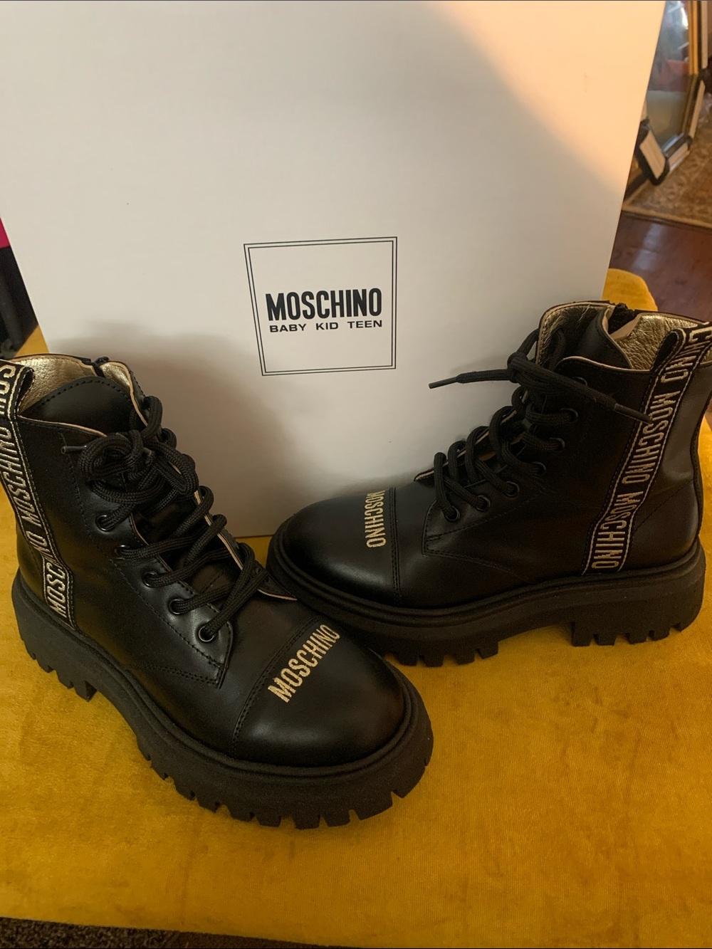 Moschino Black Logo Lace-Up Combat Boots